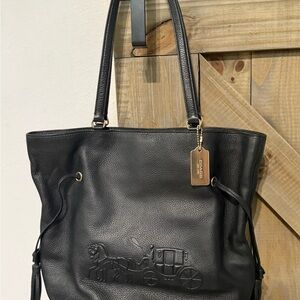 Coach Black Leather Tote Bag | Drawstring | Horse & Carriage Embossed Logo